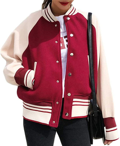 High Quality Splicing Color Leather Sleeves Women's Varsity Jackets Button Down <b>Distressed</b> Outerwear Classic Oversized Jacket - Product Image 1