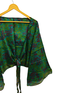 Vestido corto de seda con parte superior de tamaño libre, Top cruzado de tela Sari vintage, Top bohemio con estampado floral - Product Image 4