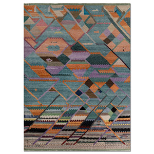 Tapis en laine et soie de bambou noué à la main à motif géométrique bleu Freedom Manchaha pour la décoration de la maison et du salon - Les-8066 - Product Image 1