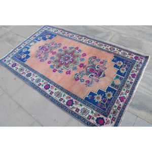Tapis turc vintage 4,2x6,46 pi (127x197 cm), tapis bleu rose à motifs floraux - Product Image 2