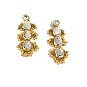 Boucles d'oreilles pendantes Golden Polki Kundan pour femmes, bijoux plaqués or, tendance - Product Image 1
