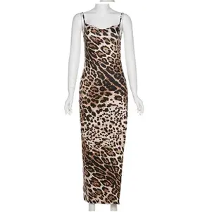 Summer Hot Sale Women's Backless Leopard Print Dress Spaghetti Strap Slit Slim Dress Cocktail Dress