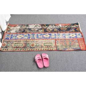 <b>Vintage</b> 1.8 X 4 ft Turkish Wool <b>Rug</b> Red & Blue Patchwork Design Flat Weave Latex Backing for Living Room & Car Decorations - Product Image 4