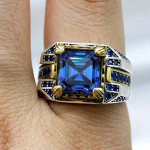 Hallmarked Vintage <b>Silver</b> Asscher Cut Sapphire Statement <b>Ring</b> for <b>Men</b> - Product Image 2