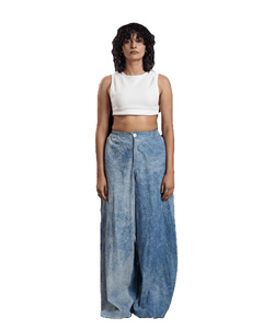 Acid Washed Denim Flares Sweatpants Customized Drawstring Closure Mid Waist <b>Baggy</b> Sunfaded Casual 100% Cotton Pant's & <b>Trousers</b> - Product Image 3