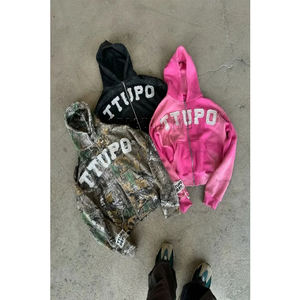 Retro letra bordada americana 100% algodón cremallera completa calle camuflaje moda, suelta Casual pulóver mujeres europeas - Product Image 1