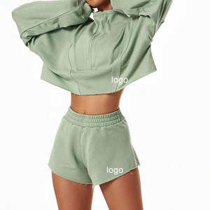 New Arrivals Womens Custom Logo Hoodie Short Set Zip-Up Crop <b>Top</b> Hoodie & <b>Sweat</b> Shorts - Product Image 2