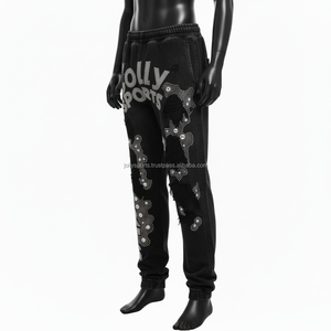 กางเกงจ็อกเกอร์ผ้าฝ้ายหนาสีดำมีรอยขาดแต่งพลอยเทียมมีรายละเอียดการถ่ายเทความร้อนที่กำหนดเอง320GSM ล้างโลโก้แฟชั่นของผู้ชาย - Product Image 3