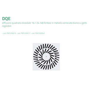 Diffuseur hélicoïdal carré Tecnosystemi DQE avec 16/24/48 fentes, registres et grilles métalliques peints en blanc, jets réglables - Product Image 2