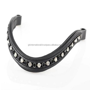 Bandeau à sourcils de cheval en cuir anglais, étanche, tannage végétal, finition de haute qualité, conçu avec chaîne en métal et en cristal noir et transparent - Product Image 5