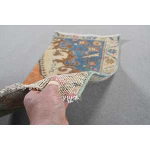 Alfombra Turca Pequeña de 1,6x3,3 pies, Alfombra Vintage, Alfombra de Lana con Diseño Floral Azul y Naranja - Product Image 5