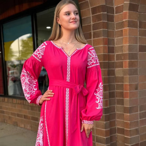 Exclusive Ukrainian Embroidered Full Balloon Sleeves Pink Color Knee Length Embroidery <b>Dress</b> Cheap Cotton Embroidered <b>Dress</b> - Product Image 1