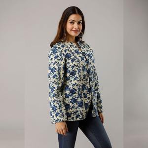 Light Blue Vintage Cotton <b>Quilted</b> <b>Jacket</b> for Summer Embroidered Lace Button Decor Waterproof Breathable Finished Knitted Fabric - Product Image 3
