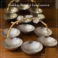 Elegante Plato Decorativo Dorado con Diseño Floral de Seis Compartimentos, Hecho a Mano, de Metal Pulido, para Servir Bocadillos, Frutos Secos y Dulces