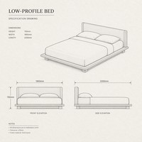 Lit en bois minimaliste japonais Zen réglable, cadre de lit plateforme à profil bas, rembourrage en tissu écologique pour une chambre à coucher paisible