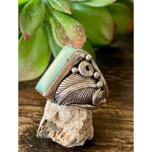 Royston Turquoise & Sterling <b>Silver</b> <b>Ring</b> Fashionable Navajo Design with Gold Plating Size 5.75 Stainless Steel Inlay Setting - Product Image 4