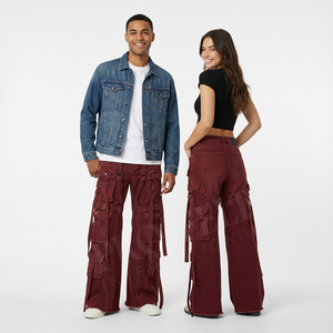 Oversized Vintage Custom Distressed Denim Cargo <b>Pants</b> <b>Wide</b> <b>Leg</b> Strap Utility Streetwear Multi Pocket Custom Color Denim <b>Pants</b> - Product Image 3