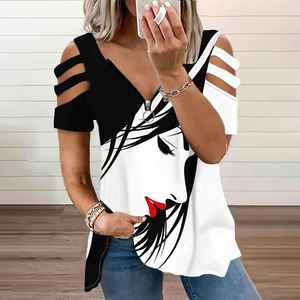 Camiseta deportiva de punto para mujer, de manga corta, corte regular, transpirable, con cremallera, para verano - Product Image 1