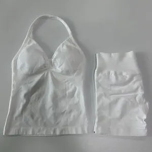 Nuevo estilo, conjunto de 2 Uds., camisetas sin mangas sin espalda para mujer, pantalones cortos sin costuras de cintura alta, traje de gimnasio, ropa de Fitness, conjuntos de entrenamiento - Product Image 5