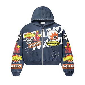 Streetwear 500Gsm français éponge fermeture éclair Vintage haute qualité coton sweat lourd strass acide lavage fermeture éclair à capuche - Product Image 1