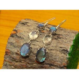 925 Silver Minimalist <b>Earrings</b> with Natural Labradorite and <b>Green</b> Amethyst Wedding Lobe <b>Earrings</b> Gift for Her - Product Image 2
