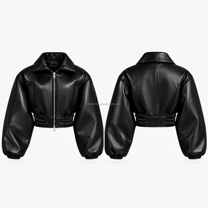 Black Faux Leather Cropped Bomber <b>Jacket</b> for <b>Women</b> Puff Sleeves Elastic Waist <b>Zip</b> <b>up</b> Winter Outerwear - Product Image 3