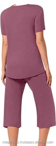 Femmes été à manches courtes ensembles de vêtements de nuit plissé Capri pantalon pyjama salon avec poches dames vêtements de nuit 2026 - Product Image 6