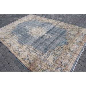 Alfombra de 7.4x10.4 pies, Alfombra Turca Vintage, Alfombra de Lana a Rayas Azul y Marrón - Product Image 2