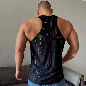Débardeur d'été pour hommes Sexy Thin Vest in Black pour Disco Fitness Sports Casual Style Breathable with Ripped Hole Hollow Design - Product Image 3