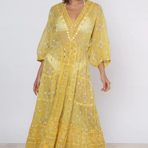 Robe longue jaune à col en V, coupe ample, en mousseline de soie, style bohème, motif géométrique brodé à la main, manches trois quarts bouffantes, décontractée pour l'automne - Product Image 1
