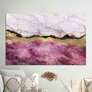 Tableau sur toile à l'encre d'alcool effet marbre doré : Décoration abstraite rose et or, encadré style galerie - Product Image 1