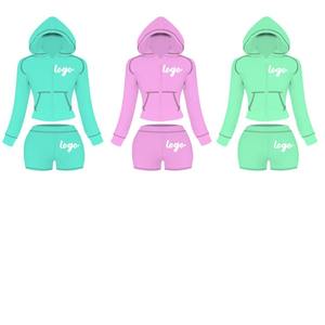 ชุดวอร์มผ้าวาฟเฟิลสำหรับผู้หญิง ปี 2026 ชุดลำลองพร้อมโลโก้สั่งทำ ชุดผ้าฝ้ายคุณภาพสูง เสื้อฮู้ดดี้และกางเกงขาสั้น ชุดเซ็ต 2 ชิ้น - Product Image 1