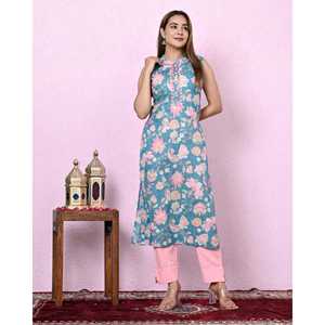 Kurta Recta de Algodón con Estampado Floral Azul para Mujer, Cuello Mandarín, Transpirable, con Aberturas, Talla XS/Talla Única para el Día - Product Image 6