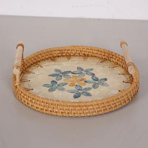 Plateau de service rond en rotin avec incrustation de mosaïque de nacre Plateau de nourriture décoratif tissé à la main pour salle à manger et décoration intérieure - Product Image 4