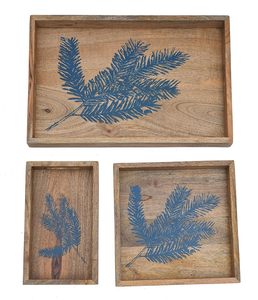 Plateau de service en bois imprimé feuilles bleues, plateau en bois fait à la main avec poignées, plateau de service à dessert empilable, disponible pour les restaurants - Product Image 3