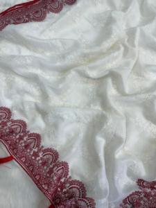 ส่าหรีผ้าไหมสีแดงผ้าโปร่งบางสำหรับเจ้าสาวชุดแต่งงานเสื้อแฟนซีสุดพิเศษสำหรับผู้หญิงเสื้อเบลาส์อินเดียแบบดั้งเดิมมีสไตล์ - Product Image 2