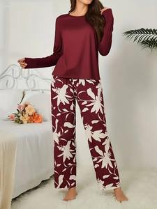 เซตชุดนอนแขนยาวของผู้หญิงผ้าระบายอากาศได้ดีย้อมสีเรียบๆเอวยางยืดนุ่มสบายฤดูร้อน - Product Image 2