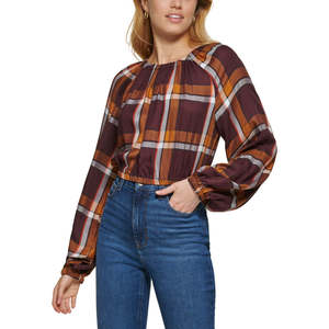 Top da Donna DKNY a Maniche Lunghe con Stampa Scozzese e Logo Ricamato, Taglie XS e XL, per Ufficio - Popeline di Raso e Lino Autunnale - Product Image 1