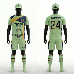 Uniforme de hockey sobre césped para hombre, malla de poliéster transpirable premium de 180 g/m², diseño de paneles en verde claro, azul marino y dorado, conjunto con logotipo personalizado por sublimación. - Product Image 1