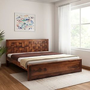 Modern Solid Wood <b>Platform</b> <b>Bed</b> <b>Frame</b> with Geometric Headboard California King & Queen Sizes for Home Hotel Villa - Product Image 1