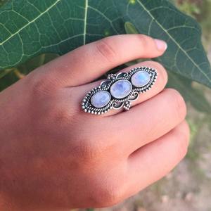 Luxury Sterling Silver Triple Moonstone Bezel Set Wedding <b>Ring</b> Long <b>Statement</b> Design June Birthstone <b>for</b> <b>Women</b> - Product Image 1