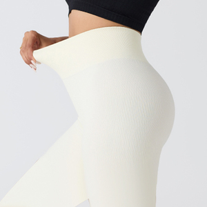 Mallas de entrenamiento sin costuras acanaladas de cintura alta para mujer, pantalones de ejercicio atléticos de Spandex/nailon, mallas de Yoga sólidas con cintura elástica - Product Image 4