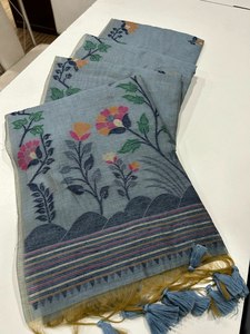 Magnifique sari en tissu de coton et soie Muga, couleur élégante, longueur 5,5 mètres, design fantaisie, avec pièce pour chemisier, pour femmes ou filles. - Product Image 5