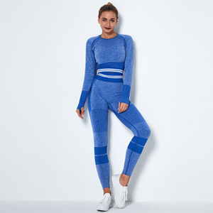 Ensemble de yoga 2 pièces pour femme : haut court à col rond et manches longues, leggings taille haute pleine longueur, color block, en Spandex et Polyester - Product Image 4