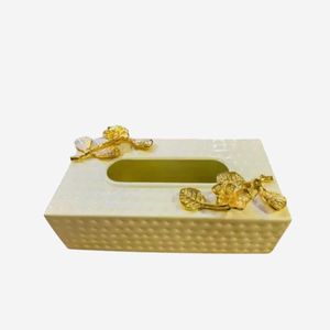 Caja de pañuelos de Metal decorativa de lujo Caja de Metal martillado con recubrimiento de polvo blanco de calidad creativa con servilletero de acento floral - Product Image 1