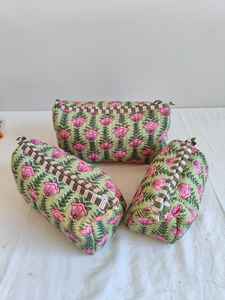 Set Of 3 Cotton Quilted <b>Makeup</b> <b>Bag</b> & Organizer Cotton Toiletry Case <b>Travel</b> <b>Bag</b> Floral Print <b>Makeup</b> <b>Bag</b> Toiletries Organizer <b>Bag</b> - Product Image 5