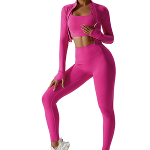 Ensemble de yoga personnalisé pour femmes, tenue avec leggings et haut à motif uni, ensemble sans couture pour femmes, ensemble de yoga 3 pièces - Product Image 1