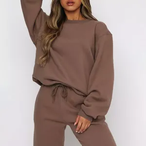 New Stylish Solid Long Sleeve High Waist Crop Top Women's 2-Piece Cotton-<b>Polyester</b> <b>Tracksuit</b> Hoodie Set - Product Image 2