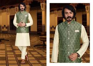 Vêtements de fête traditionnels indiens en soie lourde avec intérieur en kurta avec pyjama et veste koti pour hommes Tarif de gros par exportation - Product Image 5