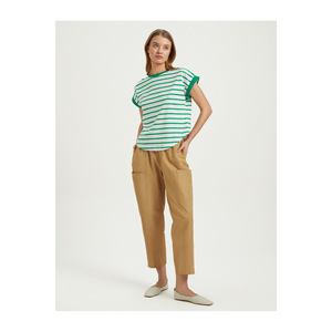 เสื้อยืดผ้าฝ้ายถักลายทางทรงหลวมสำหรับผู้หญิง - Product Image 2